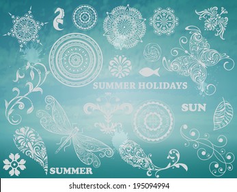 Vector Summer Design elements on Background with blue sky and sea, 