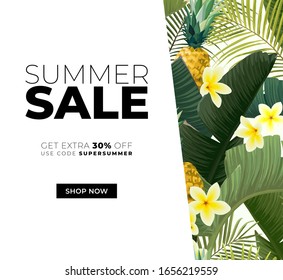 Vector summer design with exotic banana palm leaves, Frangipani flowers, pineapples and space for text. Sale offer template, banner of flyer background. Tropical backdrop illustration.