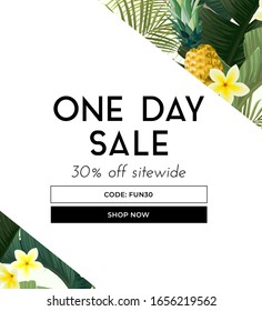 Vector summer design with exotic banana palm leaves, Frangipani flowers, pineapples and space for text. Sale offer template, banner of flyer background. Tropical backdrop illustration.
