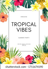 Vector summer design with exotic monstera palm leaves, Frangipani and Hibiscus flowers, pineapples and space for text. Sale offer template, banner of flyer background. Tropical backdrop illustration.