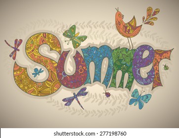 Vector summer design with flowers, dragonflies, beetles, bird and butterflies (text with floral decoration)