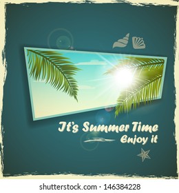 Vector summer design. Palm leaves against the sun and blue sky with clouds