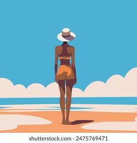 Vector diseño de verano de una mujer bronceada en un traje de baño amarillo y un sombrero caminando a lo largo de la playa, relajándose en la playa, en vacaciones, turismo