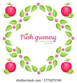 Vector summer design template with fresh green leaves, abstract simple pink flowers and flavourous red apple, green frame and place for text
