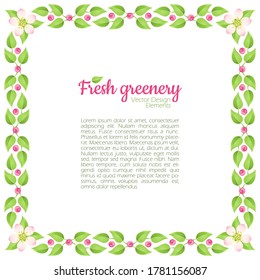 Vector summer design template with fresh green leaves and flowers, square shape border, place for text
