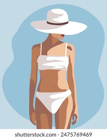 Vector summer design woman in white swimsuit and hat covering her face, relaxing on the beach, on vacation