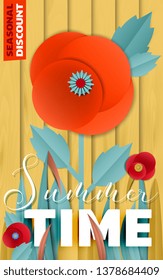 Vector Summer discount poster by cut paper poppy flowers