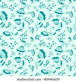 Vector summer doodle decorative seamless background with flowers, bugs and butterfly in cartoon style