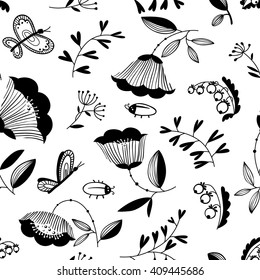 Vector summer doodle decorative seamless background with flowers, bugs and butterfly in cartoon style