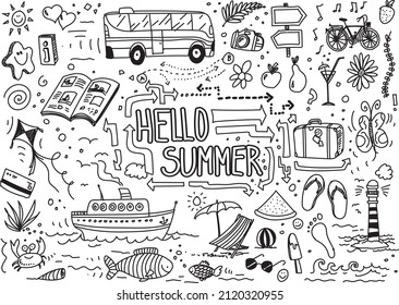 Vector summer doodle elements drawn by digital pen