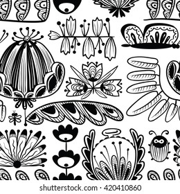 Vector summer doodle seamless background with flowers, bug and butterfly in cartoon style