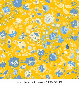 Vector summer doodle seamless pattern. Floral background wallpaper. Yellow seamless pattern with blue flowers. Floral seamless pattern. Paisley pattern. Sunny yellow seamless pattern.