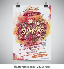 Vector summer doodles watercolor paint party poster design