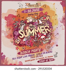Vector summer doodles watercolor paint party poster design