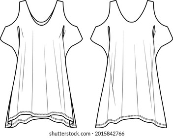 Vector summer dress fashion CAD, woman sleeveless a shaped asymmetric hem dress technical drawing, template, flat, sketch. Jersey or woven fabric dress with front, back view, white color