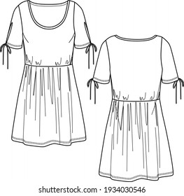 Vector summer dress fashion , woman round neck short sleeved dress technical drawing, template, flat, sketch