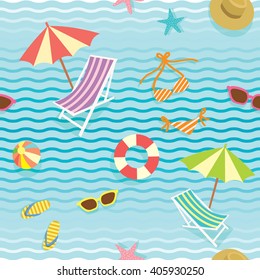 Vector of summer element objects decoration into seamless pattern.Wallpaper,gift wrapping,fabric pattern background in blue wave of sea or pool.