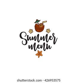 Vector summer element with text, coconut cocktail and flowers on white background. Text - Summer Menu. Restaurant cafe menu, template design.