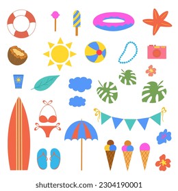 vector summer elements, beach, sea, sun, flowers. summer time