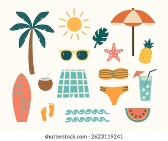 Vector summer elements set with hand-drawn beach icons: palm, sun, swimsuit, drink, fruits, surfboard, and more. Perfect for seasonal branding, stickers, postcards, and web graphics.