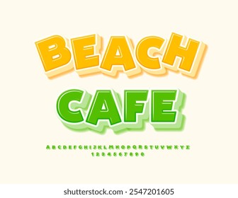 Vector summer Emblem Beach Cafe.  Trendy Green 3D Font. Artistic Alphabet Letters and Numbers.