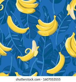 Vector summer exotic pattern with yellow bananas, flowers and leaves. Seamless texture design.