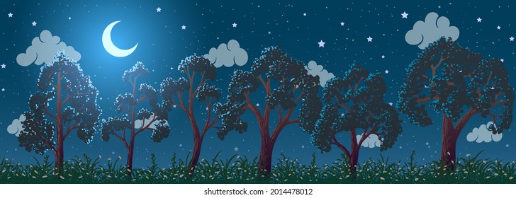 Vector summer fabulous night landscape. Green trees and grass on meadow