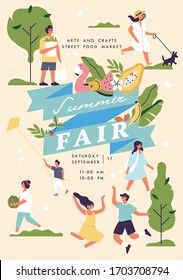 Vector summer fair poster, flyer or banner or banner template with people enjoying their time outdoors in park. Summer holiday season recreation and public event