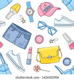 Vector summer fashion seamless pattern with woman clothes, cosmetics and accessories. Casual bright outfit background with bustiers top, bag, cap, sunglasses, sneakers and jeans shorts
