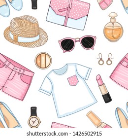 Vector summer fashion seamless pattern with woman clothes, cosmetics and accessories. Casual outfit background with pink polka dot top, bag, hat, sunglasses and shorts