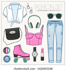 Vector summer fashion set of woman clothes, cosmetics and accessories. Casual outfit with roller skates, headphones, jeans and tops 