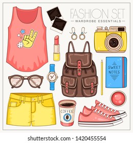 Vector summer fashion set of woman clothes, cosmetics and accessories. Casual outfit with t shirt, backpack, photo camera, sunglasses and shorts 