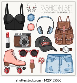 Vector summer fashion set of woman clothes, cosmetics and accessories. Casual outfit with roller skates, headphones, cap, photo camera, sunglasses, jeans shorts, top and backpack 