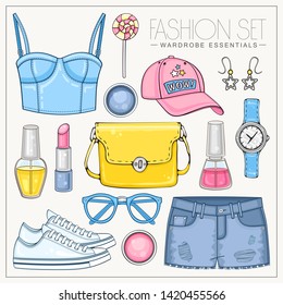 Vector summer fashion set of woman clothes, cosmetics and accessories. Casual bright outfit with bustiers top, bag, cap, sunglasses, sneakers and jeans shorts 