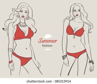 Vector Summer fashion woman in red bikini