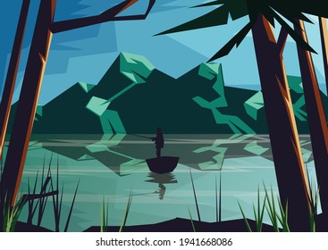 pesca vectorial de verano en un lago de montaña