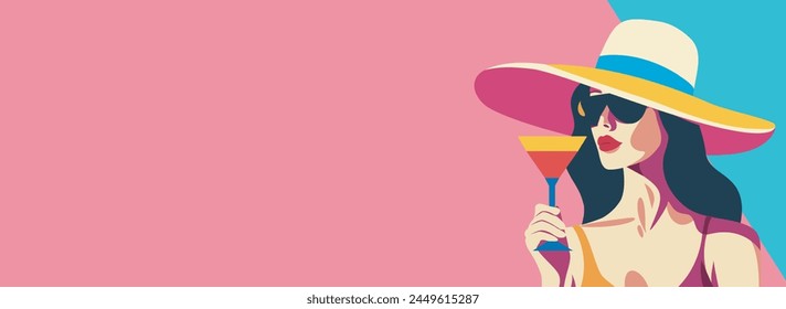 Vector de verano Anuncio plano con espacio para el cartel de texto en colores brillantes chica abstracta en gafas y un sombrero con un cóctel en las manos, un turista de vacaciones