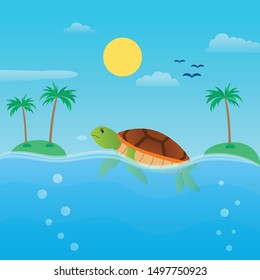 vector of summer flat design on the sea with turtle
