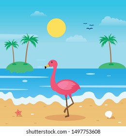 vector of summer flat design on the beach with flamingo bird
