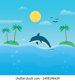 vector of summer flat design on the sea with dolphin