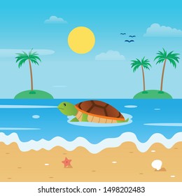 vector of summer flat design on the beach with turtle