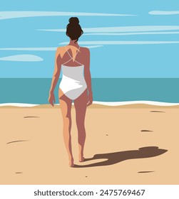 Vector summer flat design tanned woman in a white swimsuit goes swimming in the ocean or sea, view from the back. Relaxing on the beach, walking along the beach, on vacation, tourism