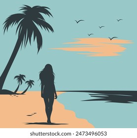 Vector summer flat illustration, dark silhouette of a woman on vacation walking along the beach, tourism. Template, postcard, banner, for social media, website