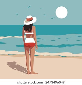 Vector summer flat style illustration, tourism, woman on vacation, girl in a hat and bikini sunbathing on the beach, swimming in the sea, ocean. Template, postcard, banner, for social media, website