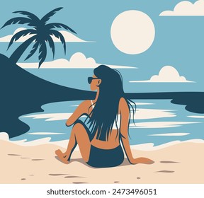 Vector summer flat style illustration, woman on vacation, tourism, girl in a hat and bikini sunbathes on the beach, swims in the sea, ocean. Template, postcard, banner, for social media, website