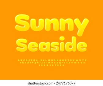 Vector summer flayer Sunny Seaside. Glossy Font. Cute Yellow Alphabet Letters and Numbers set.