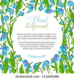 Vector summer floral background. Forget-me-nots round frame. Blue and violet tiny flowers and bright green leaves. There is copy space for your text in the center.
