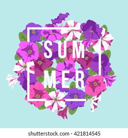 Vector summer floral background with inscription summer. The composition of bright summer lilac, purple and pink colors for design of cards, brochures, banners, flayers, on a flat surface