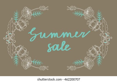 Vector summer floral frame. Illustration of exotic outline flowers, branches, leaves. Text summer sale inside.