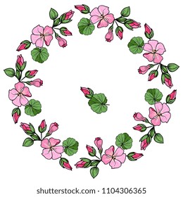 Vector Summer floral  round frame with  pink geranium. Hand drawn vector botanical illustration. Template greeting card, wedding invitation banner with spring flowers. round frame 
round frame, wreath